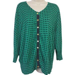 Ellen Tracy Cardigan Sweater Women 2X Green Polka Dot Snaps Cotton Blend Office